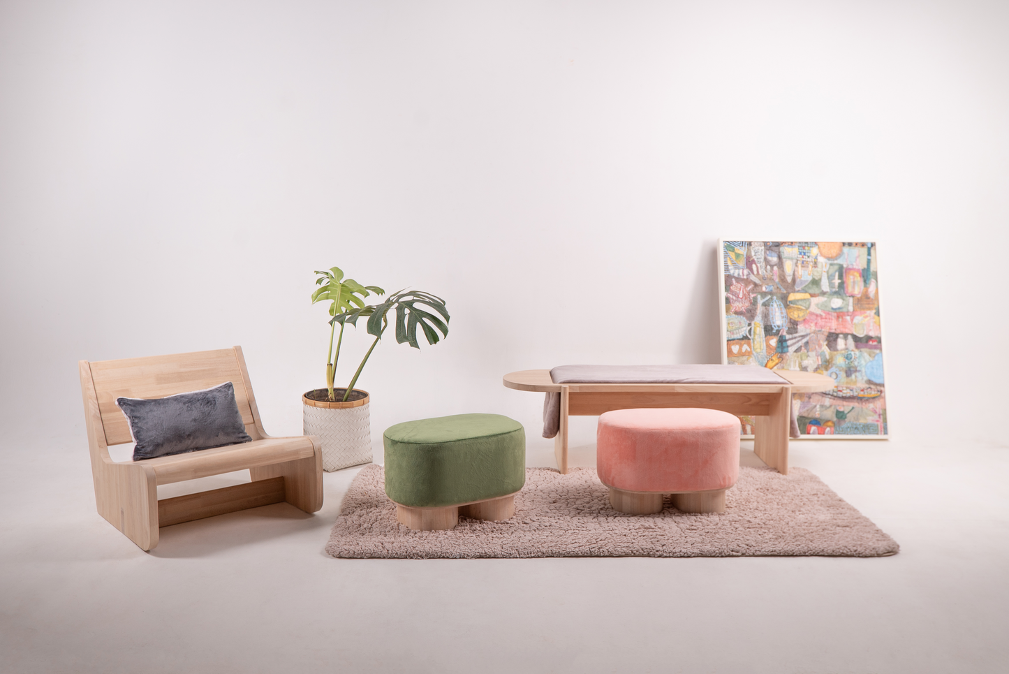 KØncØ Chair and Pouf moss green and coral - Bench