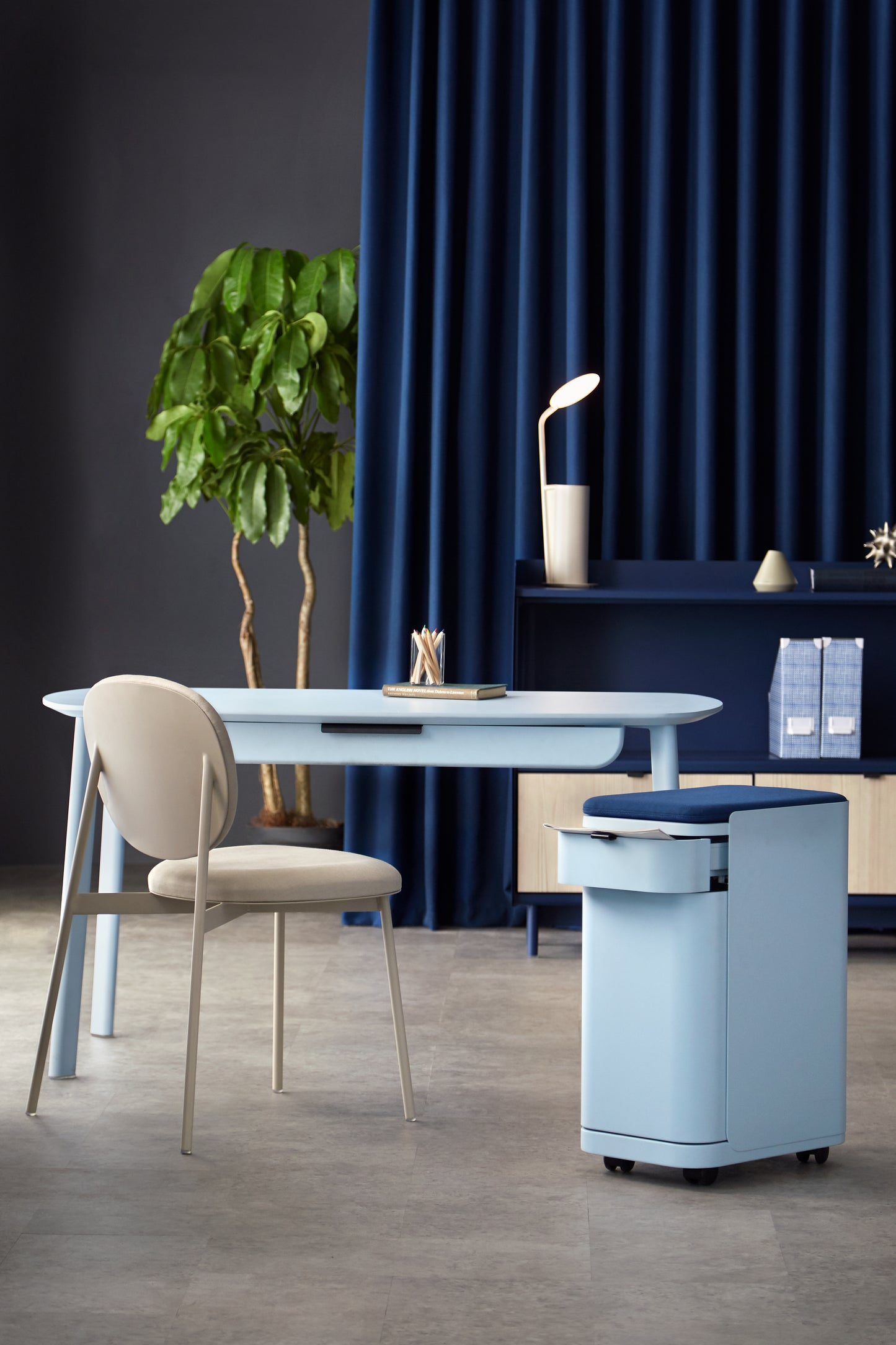 Francium Chair - Dominium Desk - Dominium Rolling Drawer - Polonium Cabinet and Luxium Table Lamp