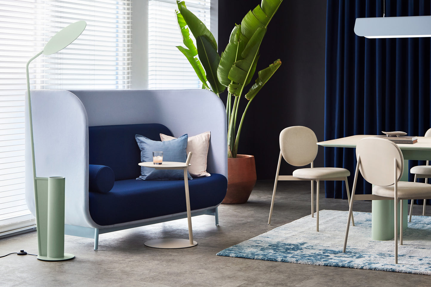 Luxium Floor Lamp - Solatium Privacy Sofa - Levisium Side Table - Francium Chair - Imperium Meeting Table and Luxium Linear Lamp
