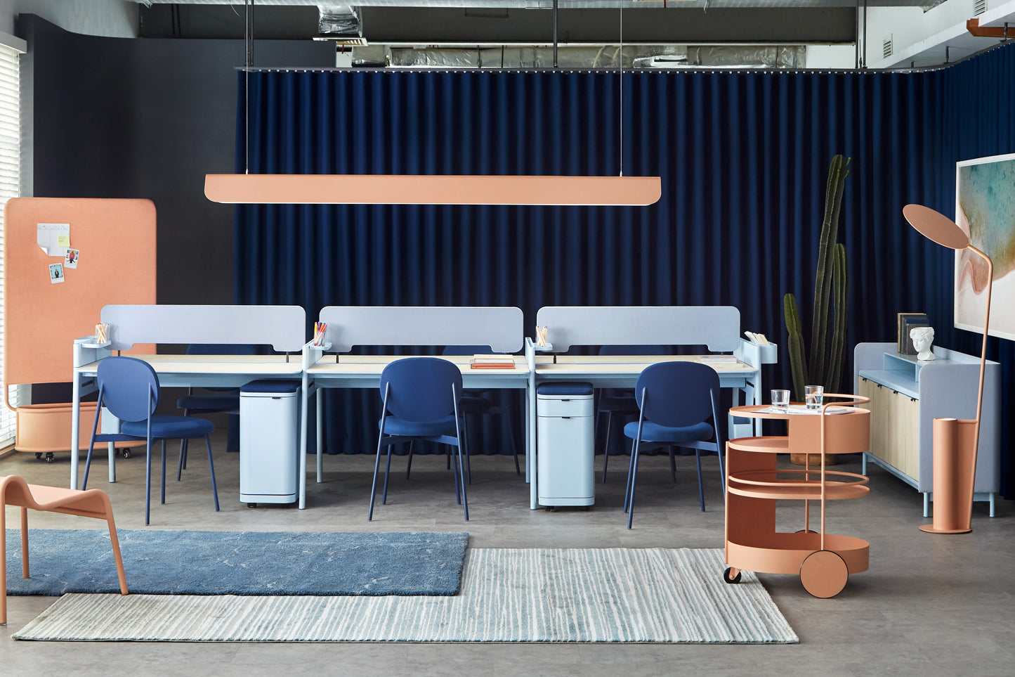 Peponium Wavy Chair - Partium Partition - Francium Chair - Dominium Workstation - Dominium Rolling Drawer - Dominium CPU Storage - Folium Trolley - Polonium Credenza and Luxium Floor Lamp