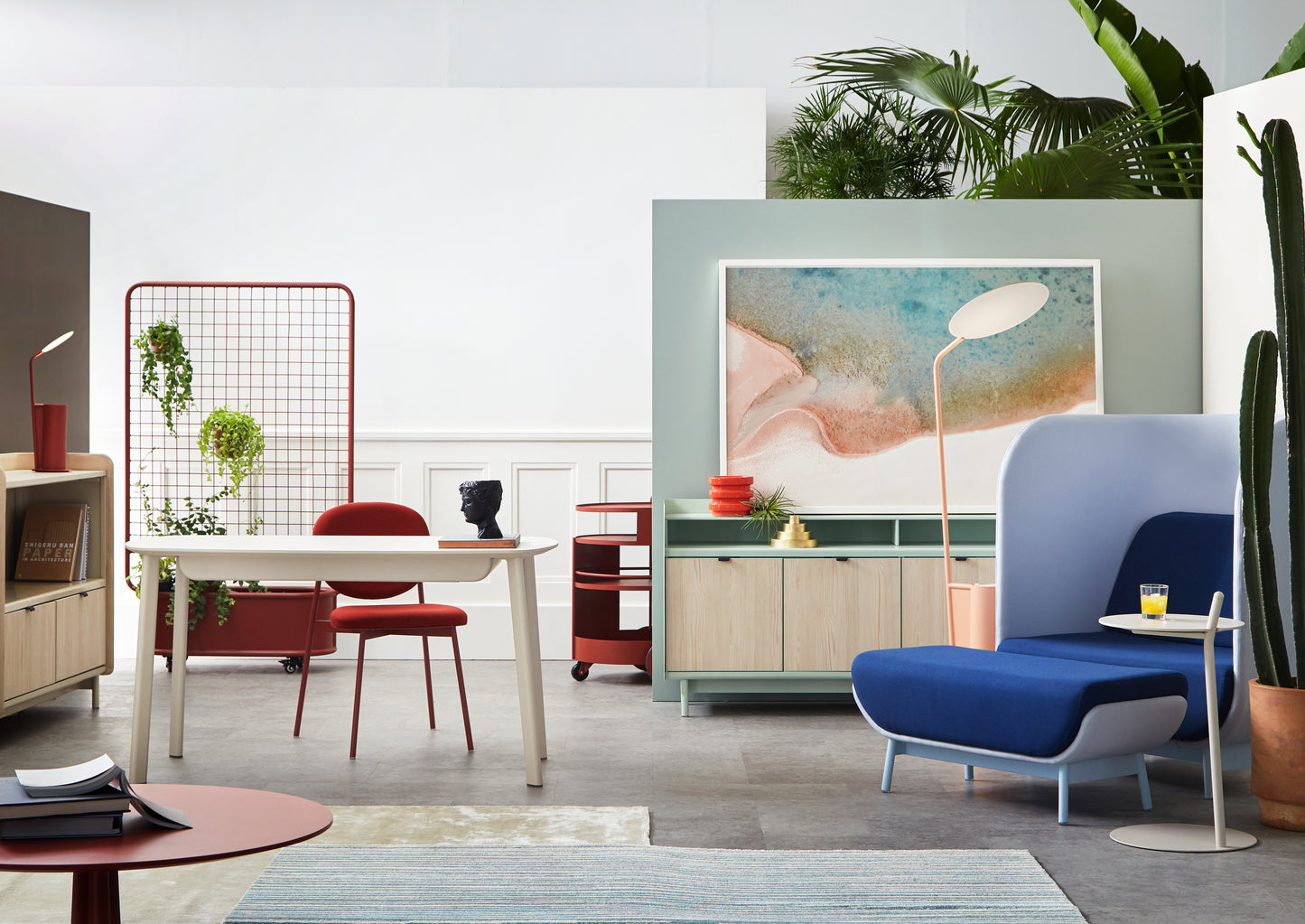 Polonium Credenza - Exilium Coffee Table - Luxium Table Lamp - Partium Partition - Dominium Desk - Francium Chair - Folium Trolley - Ottium Ottoman - Solatium Privacy Chair - Luxium Floor Lamp_Levisium Side Table