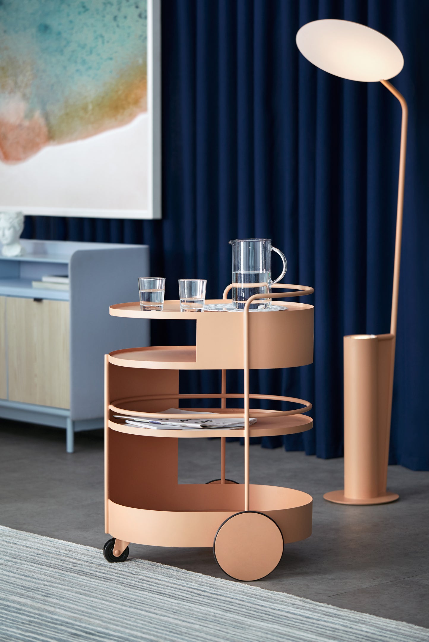 Polonium Credenza - FoliumTrolley and Luxium Floor Lamp
