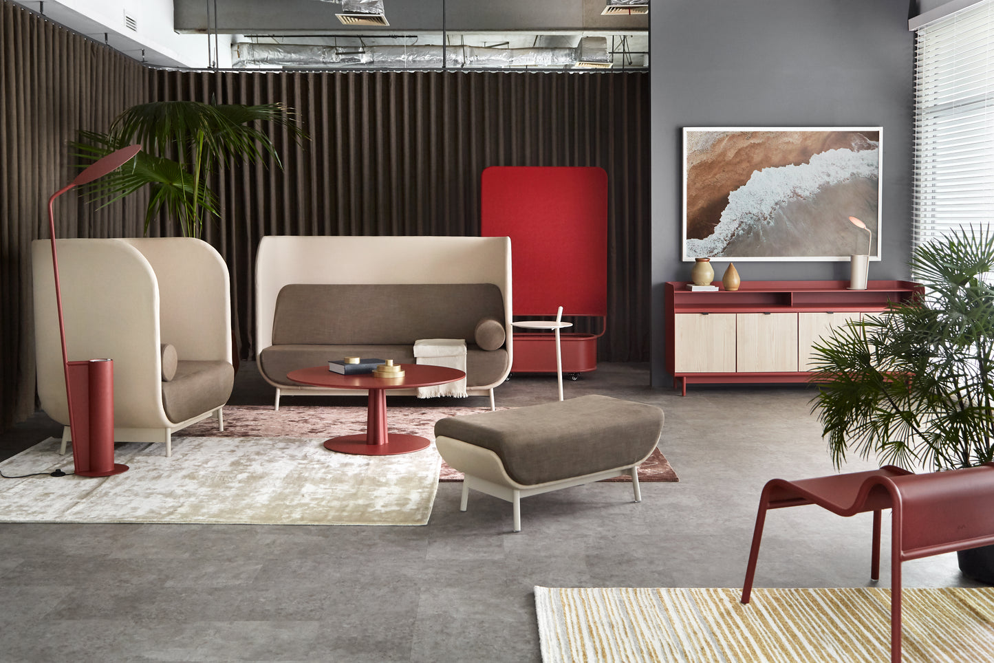 Solatium Privacy Sofa - Exilium Coffee Table - Ottium Ottoman - Partium Divider - Levisium Side Table - Polonium Credenza - and Peponium Chair