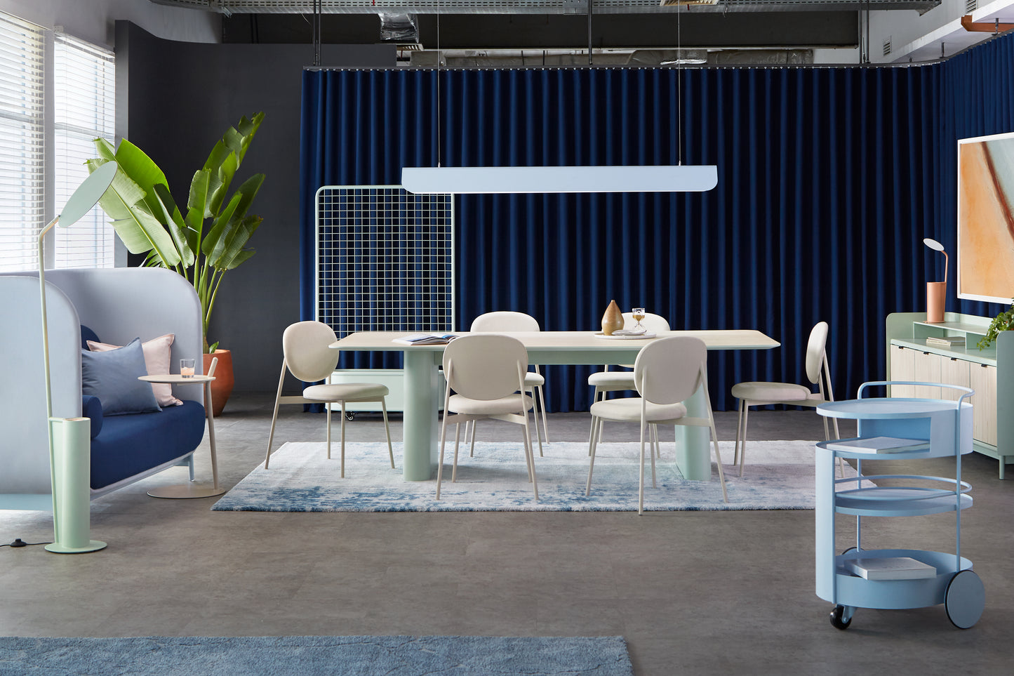 Solatium Privacy Sofa - Luxium Floor Lamp - Levisium Side Table - Francium Chair - Imperium Meeting Table - Luxium Linear Lamp - Folium Trolley - Polonium Credenza and Luxium Table Lamp